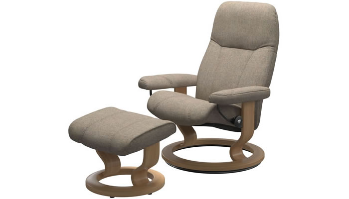 Stressless Consul Classic Recliner and Stool in Clover Funghi Fabric and Oak Wood Stain